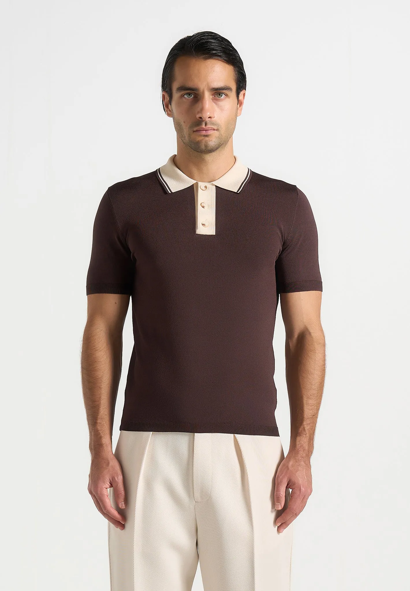 Roux - Contrast Detail Luxe Knit Polo Shirt - Brown sold by Maniere De Voir product image thumbnail 4