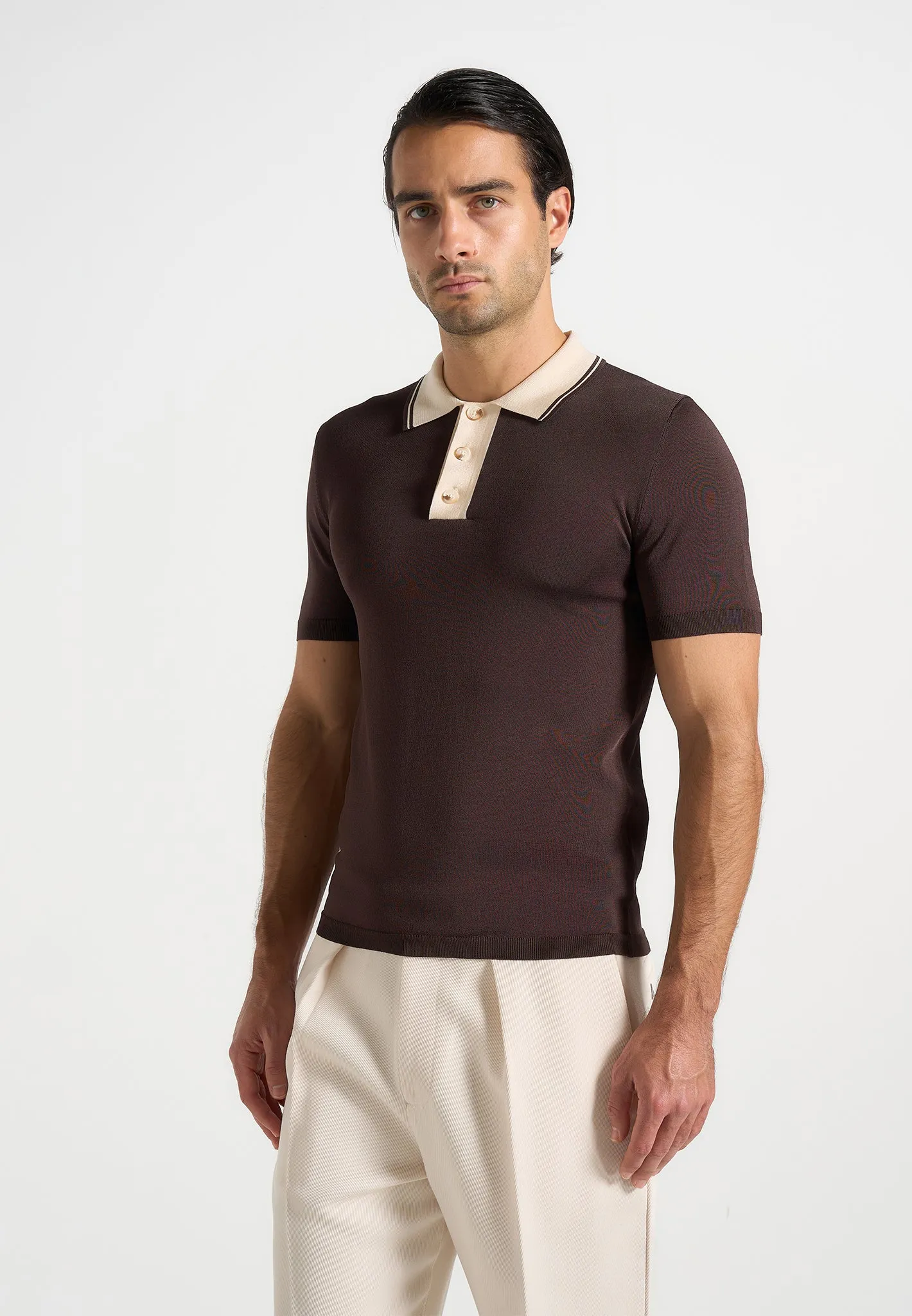 Roux - Contrast Detail Luxe Knit Polo Shirt - Brown sold by Maniere De Voir