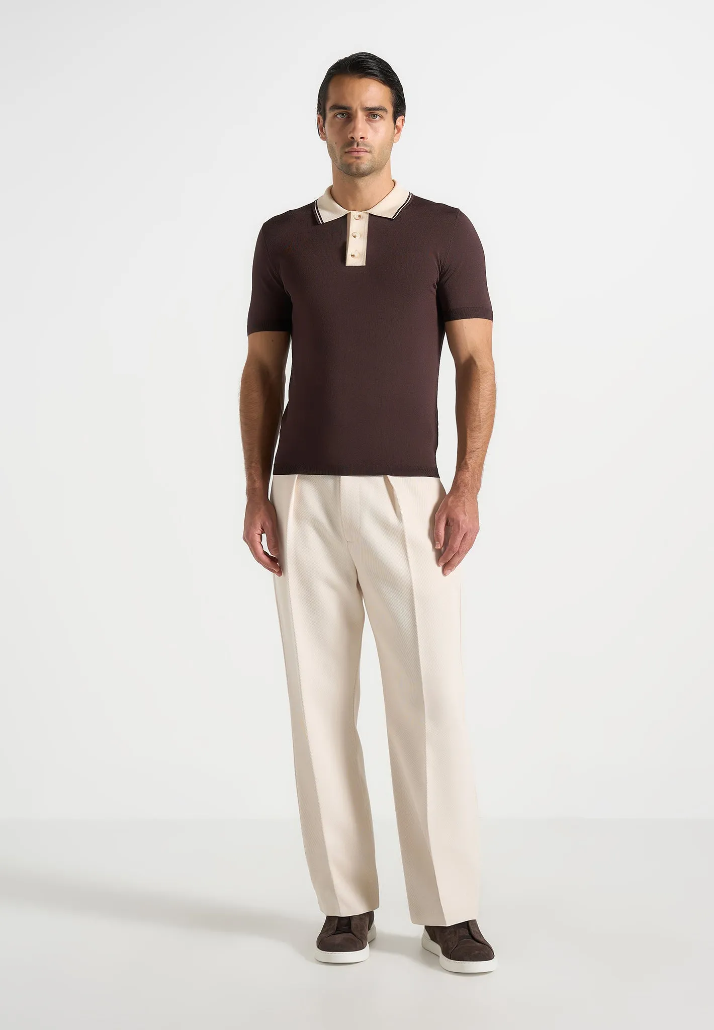 Roux - Contrast Detail Luxe Knit Polo Shirt - Brown sold by Maniere De Voir product image thumbnail 2