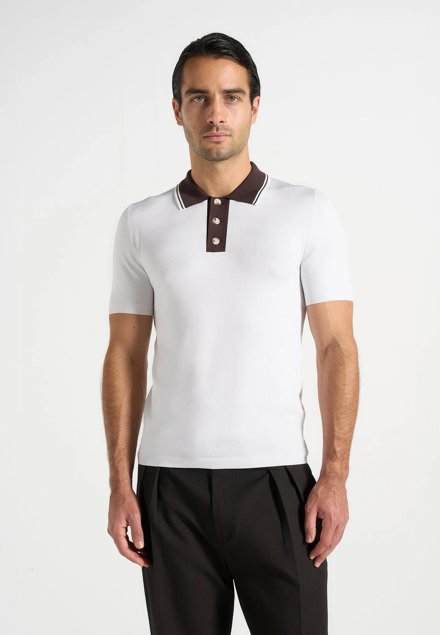 Roux - Contrast Detail Luxe Knit Polo Shirt - White sold by Maniere De Voir