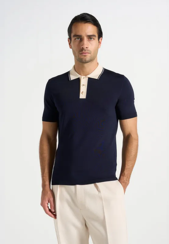 Roux - Contrast Detail Luxe Knit Polo Shirt - Navy made by Maniere De Voir