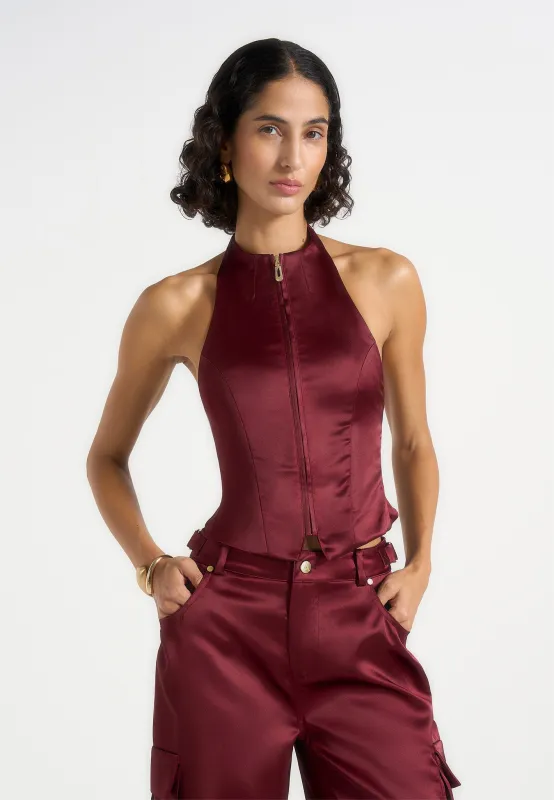 Claudette - Satin Halterneck Backless Top - Wine Red sold by Maniere De Voir