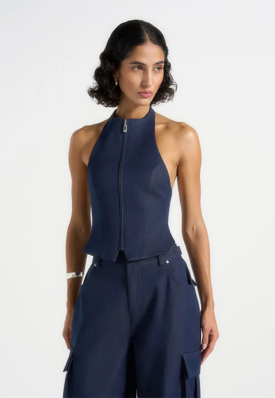 Claudette - Halterneck Backless Top - Indigo sold by Maniere De Voir