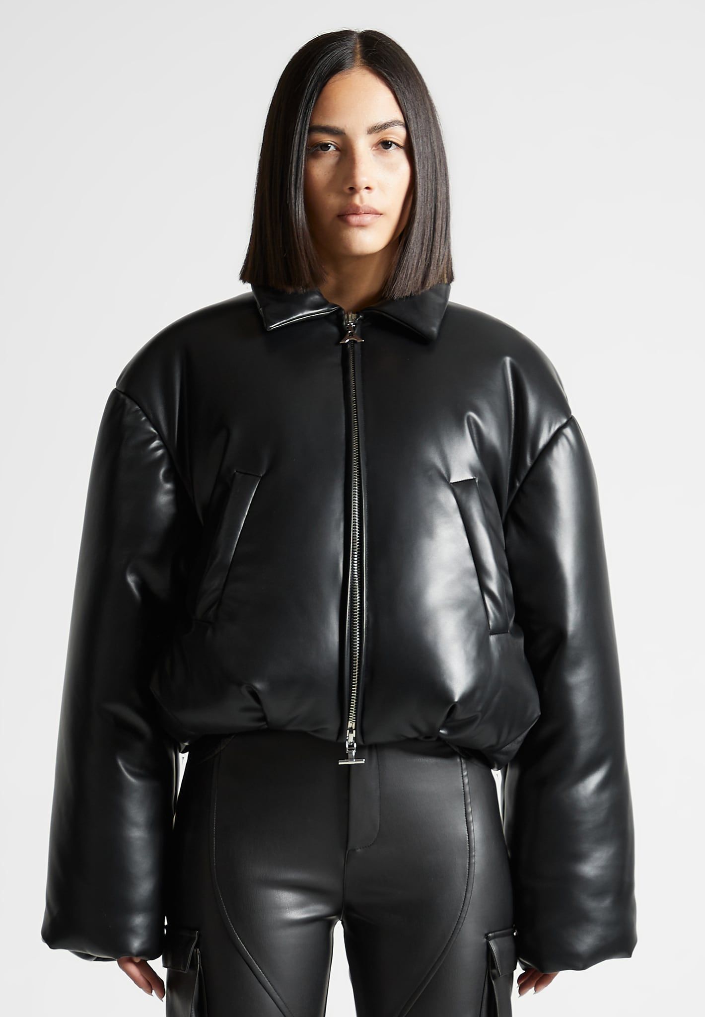 Leather Padded Bomber Jacket - Black sold by Maniere De Voir product image thumbnail 4