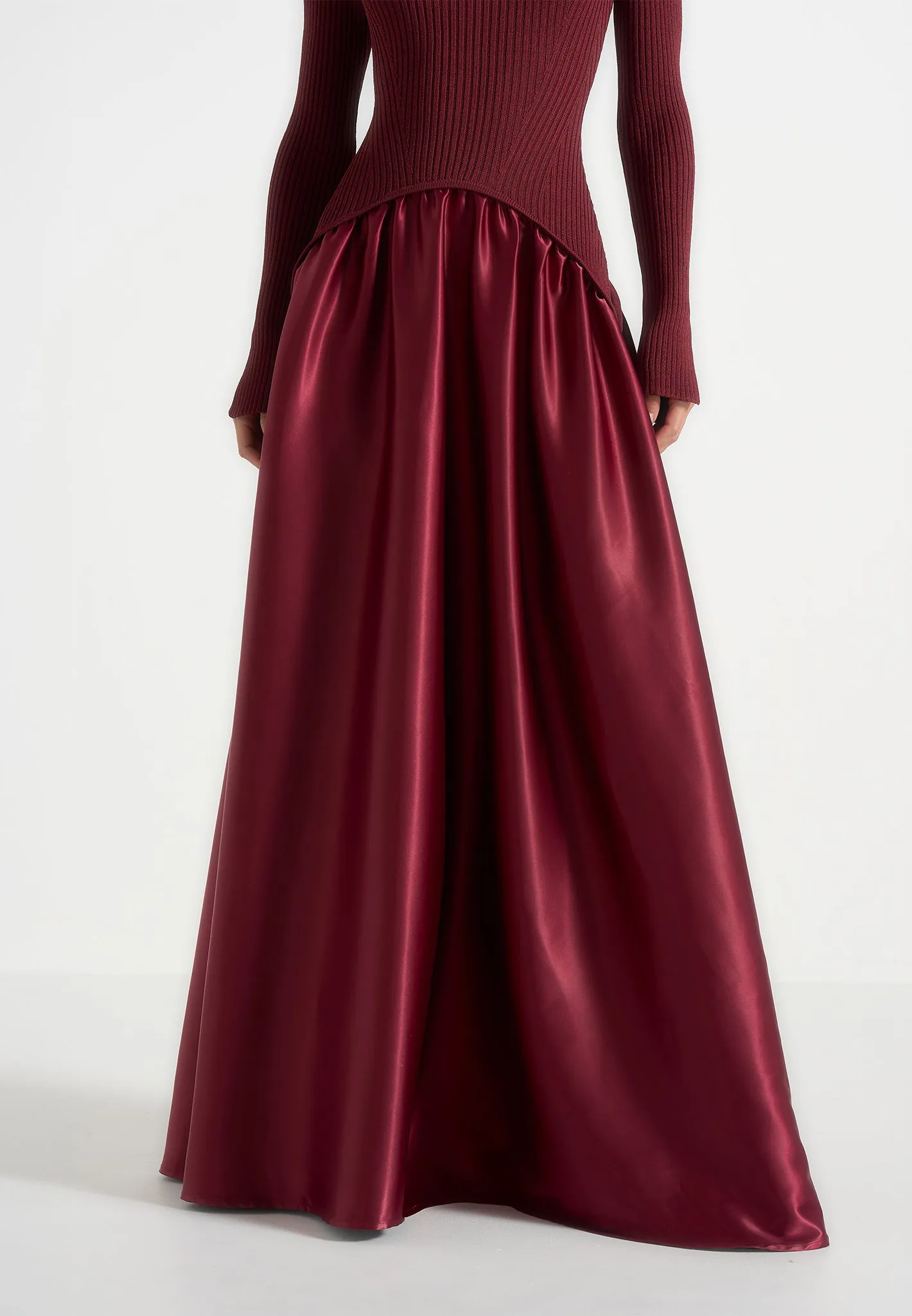 Adeline - Knit & Satin Curved Hem Maxi Dress - Wine Red sold by Maniere De Voir product image thumbnail 3