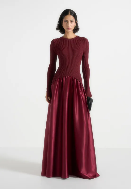 Adeline - Knit & Satin Curved Hem Maxi Dress - Wine Red sold by Maniere De Voir