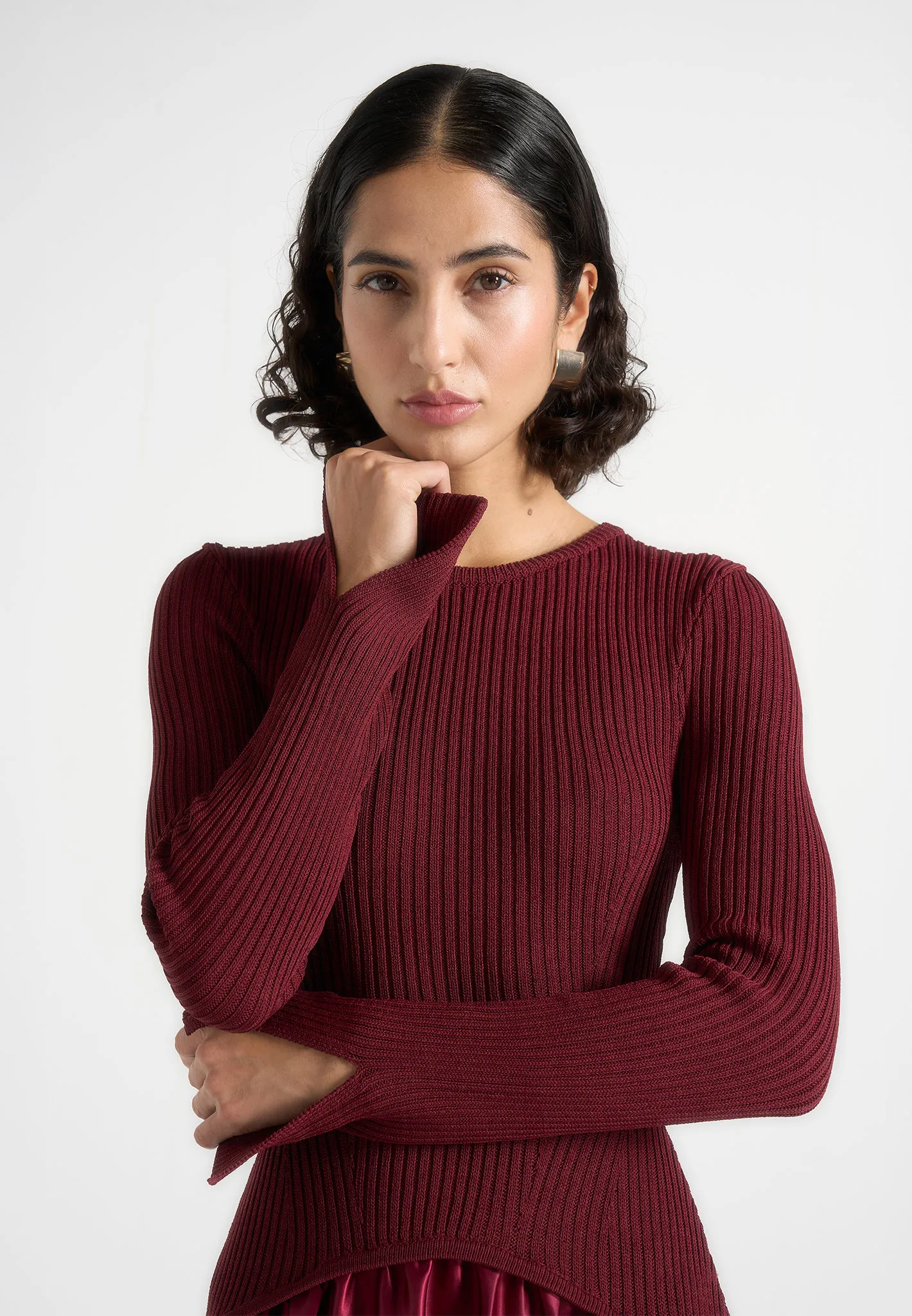 Adeline - Knit & Satin Curved Hem Maxi Dress - Wine Red sold by Maniere De Voir product image thumbnail 4