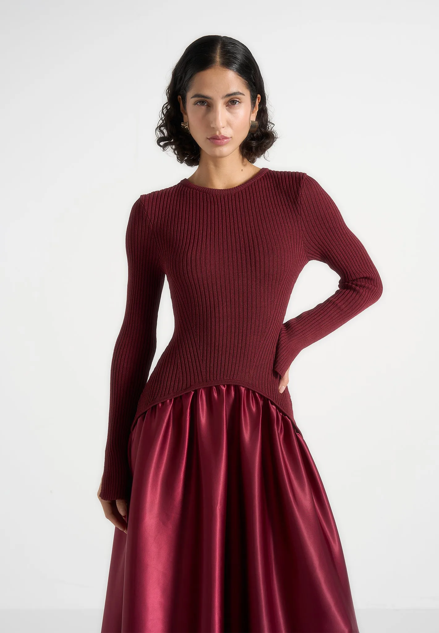 Adeline - Knit & Satin Curved Hem Maxi Dress - Wine Red sold by Maniere De Voir product image thumbnail 2