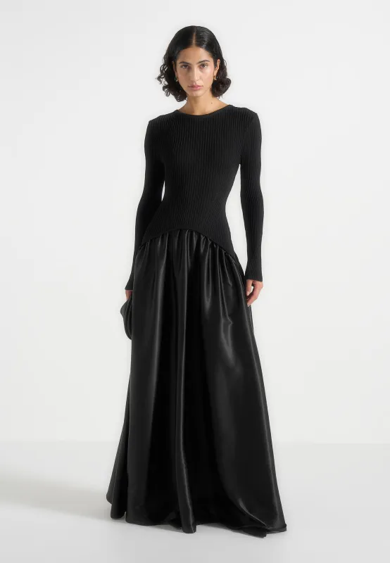 Adeline - Knit & Satin Curved Hem Maxi Dress - Black sold by Maniere De Voir