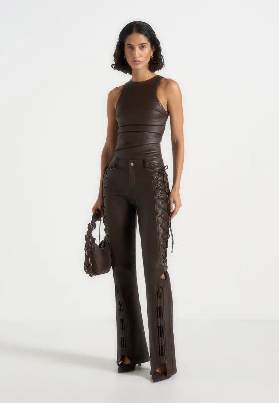 Ambre - Leather Lace Up Flared Trousers - Brown sold by Maniere De Voir
