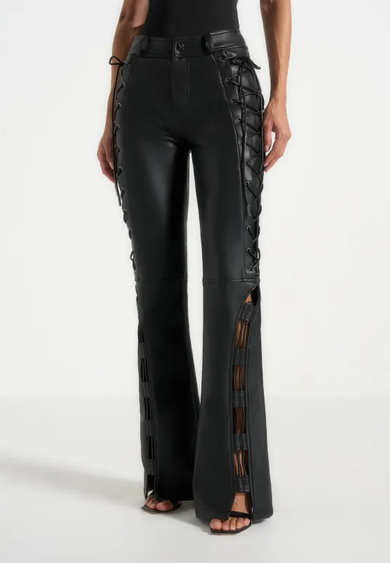 Ambre - Leather Lace Up Flared Trousers - Black sold by Maniere De Voir
