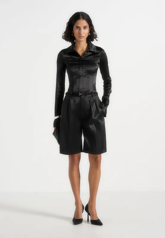 Lorette - Satin Double Pleat Shorts - Black sold by Maniere De Voir