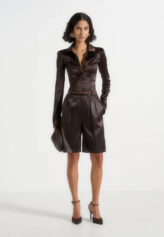 Lorette - Satin Double Pleat Shorts - Brown sold by Maniere De Voir