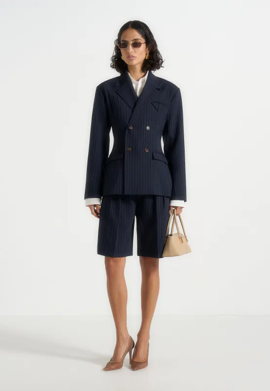 Lorette - Pinstripe Double Pleat Tailored Shorts - Navy sold by Maniere De Voir