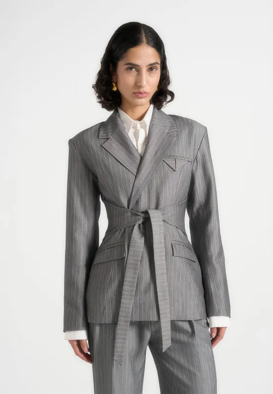 Delphine - Pinstripe Wrap Tie Blazer - Grey sold by Maniere De Voir