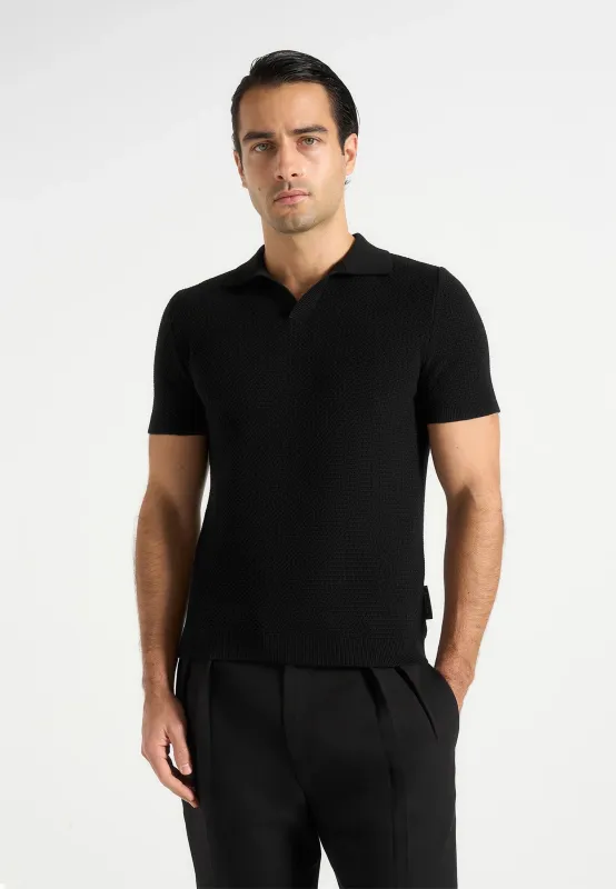 Rowen - Textured Knit Revere Polo Shirt - Black made by Maniere De Voir