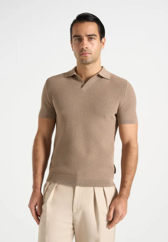 Rowen - Textured Knit Revere Polo Shirt - Taupe sold by Maniere De Voir