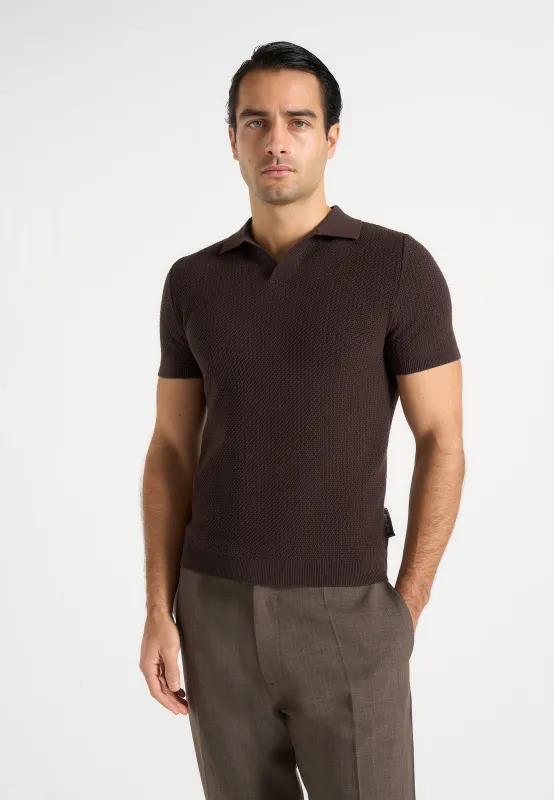 Rowen - Textured Knit Revere Polo Shirt - Brown sold by Maniere De Voir