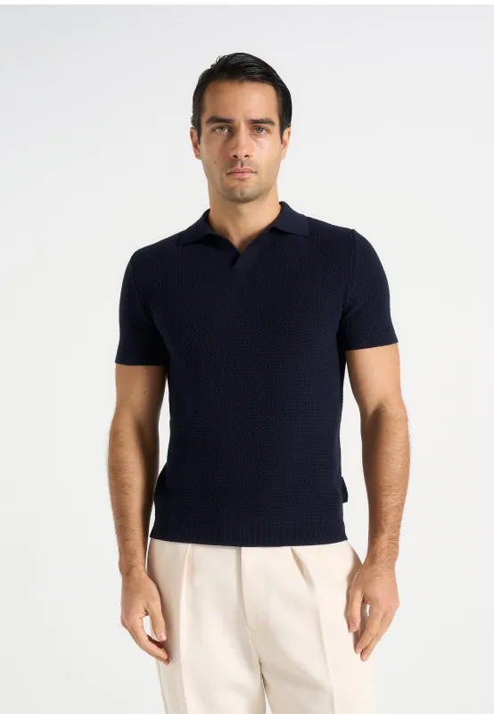 Rowen - Textured Knit Revere Polo Shirt - Navy made by Maniere De Voir