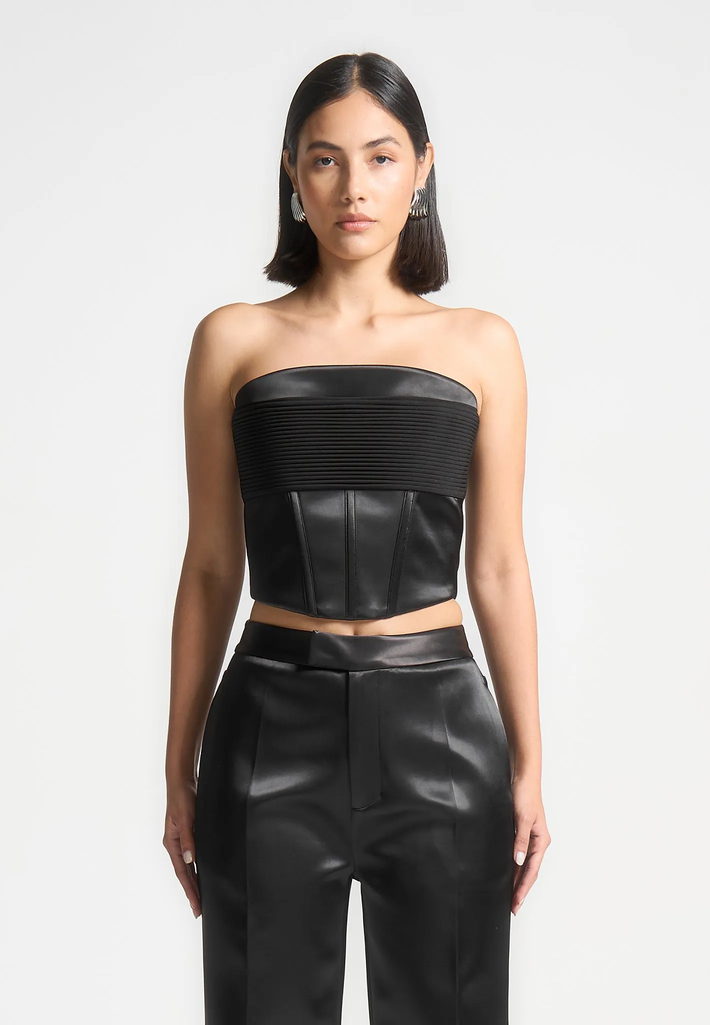Satin Pintuck Bandeau Corset Top - Black sold by Maniere De Voir product image thumbnail 3