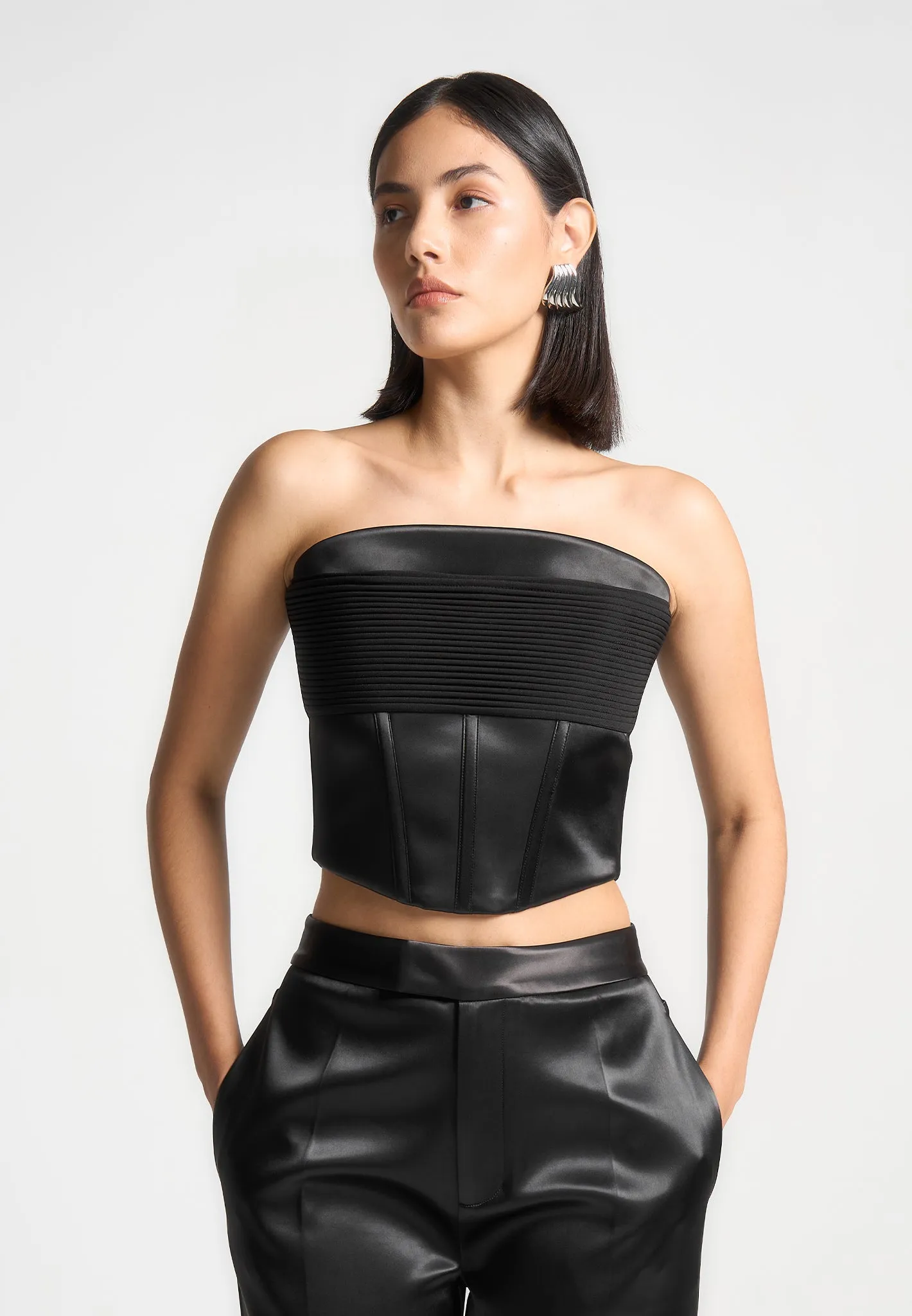 Satin Pintuck Bandeau Corset Top - Black sold by Maniere De Voir