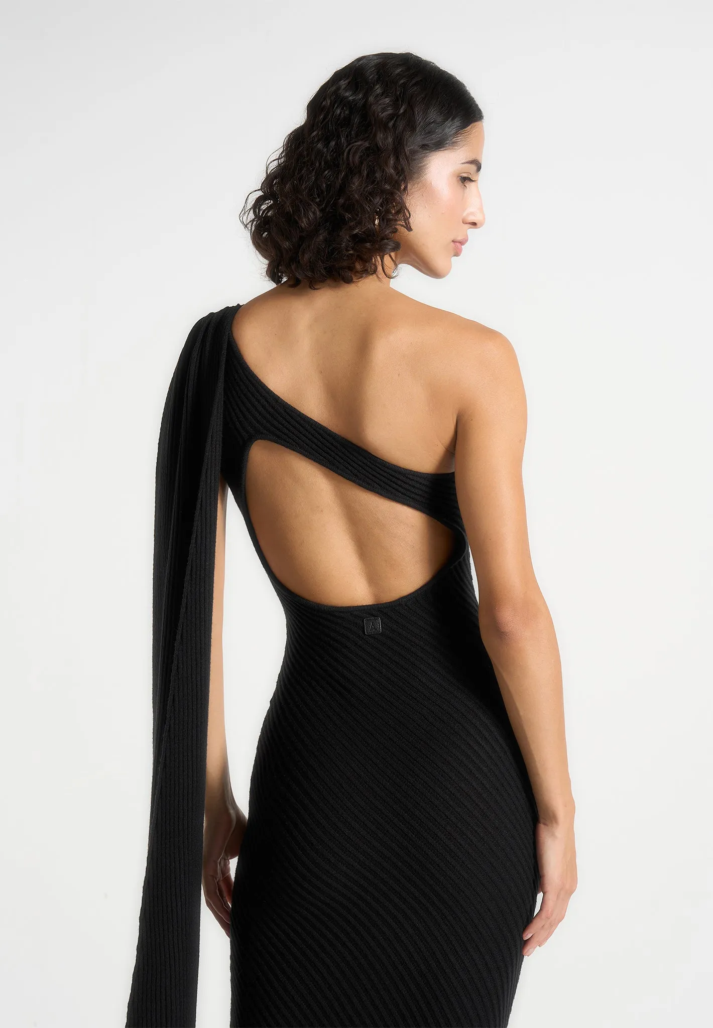 Laya - Asymmetric Knit Midaxi Dress With Scarf - Black sold by Maniere De Voir product image thumbnail 2