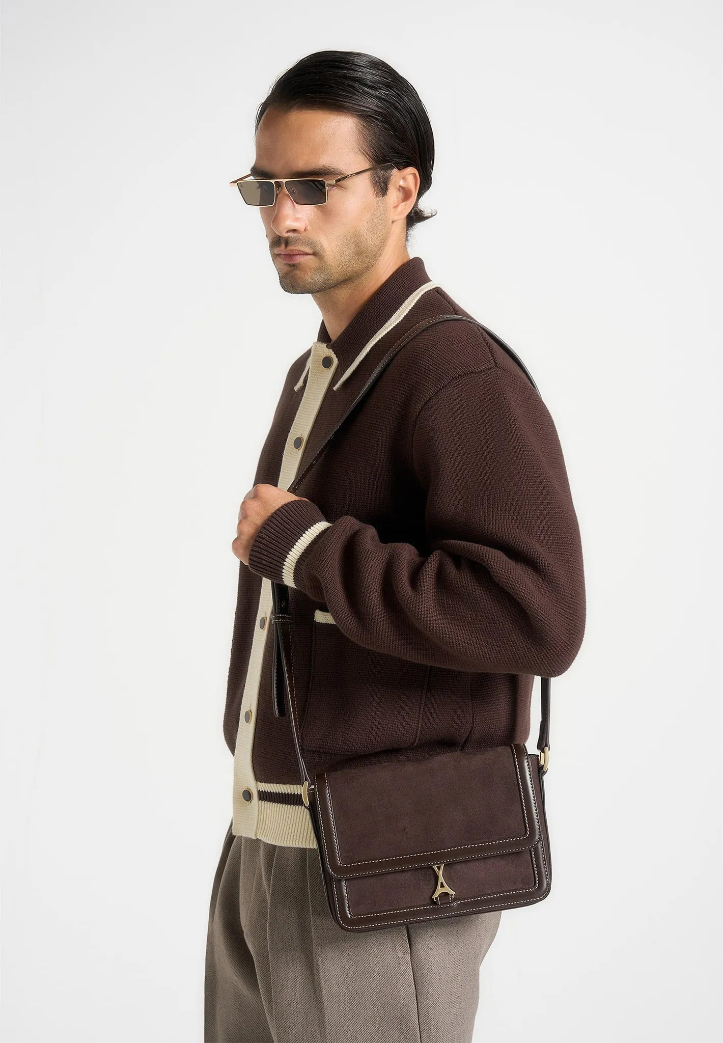 AC003 - Suede & Leather Crossbody Bag - Brown sold by Maniere De Voir product image thumbnail 2