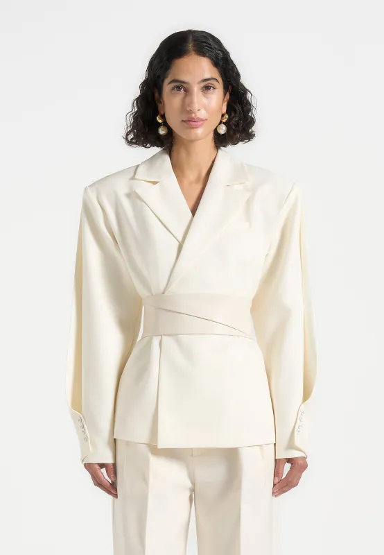 Marie - Twist Sleeve Tailored Blazer with Belt - Off White sold by Maniere De Voir