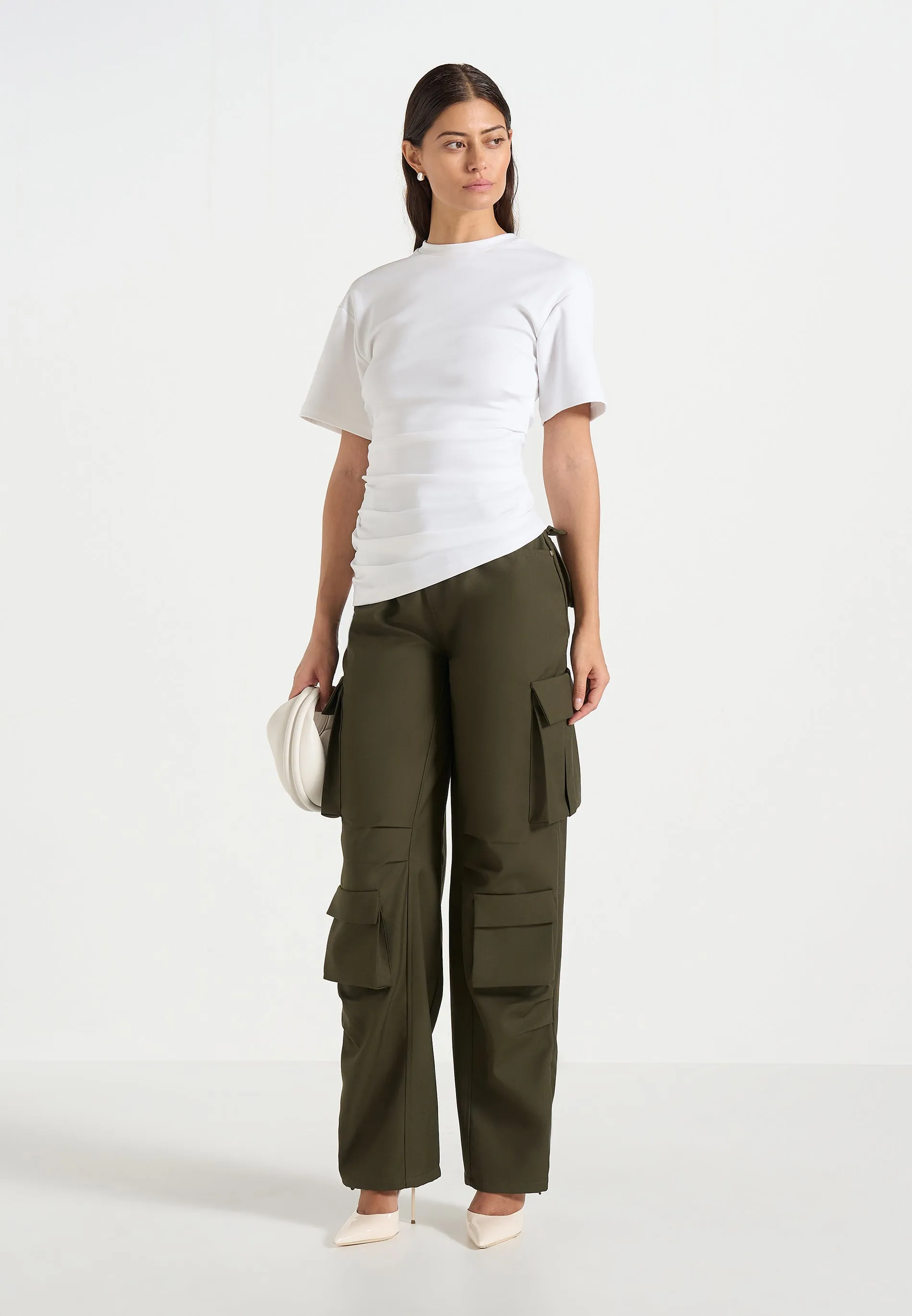 Emilie - High Waisted Twill Cargo Pants - Olive sold by Maniere De Voir
