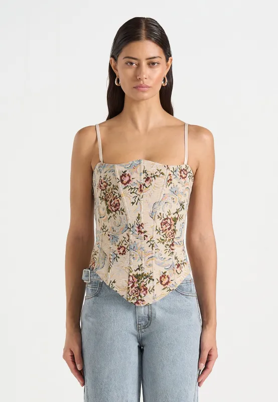 Scarlett - Tapestry Lace Up Corset  - Beige sold by Maniere De Voir