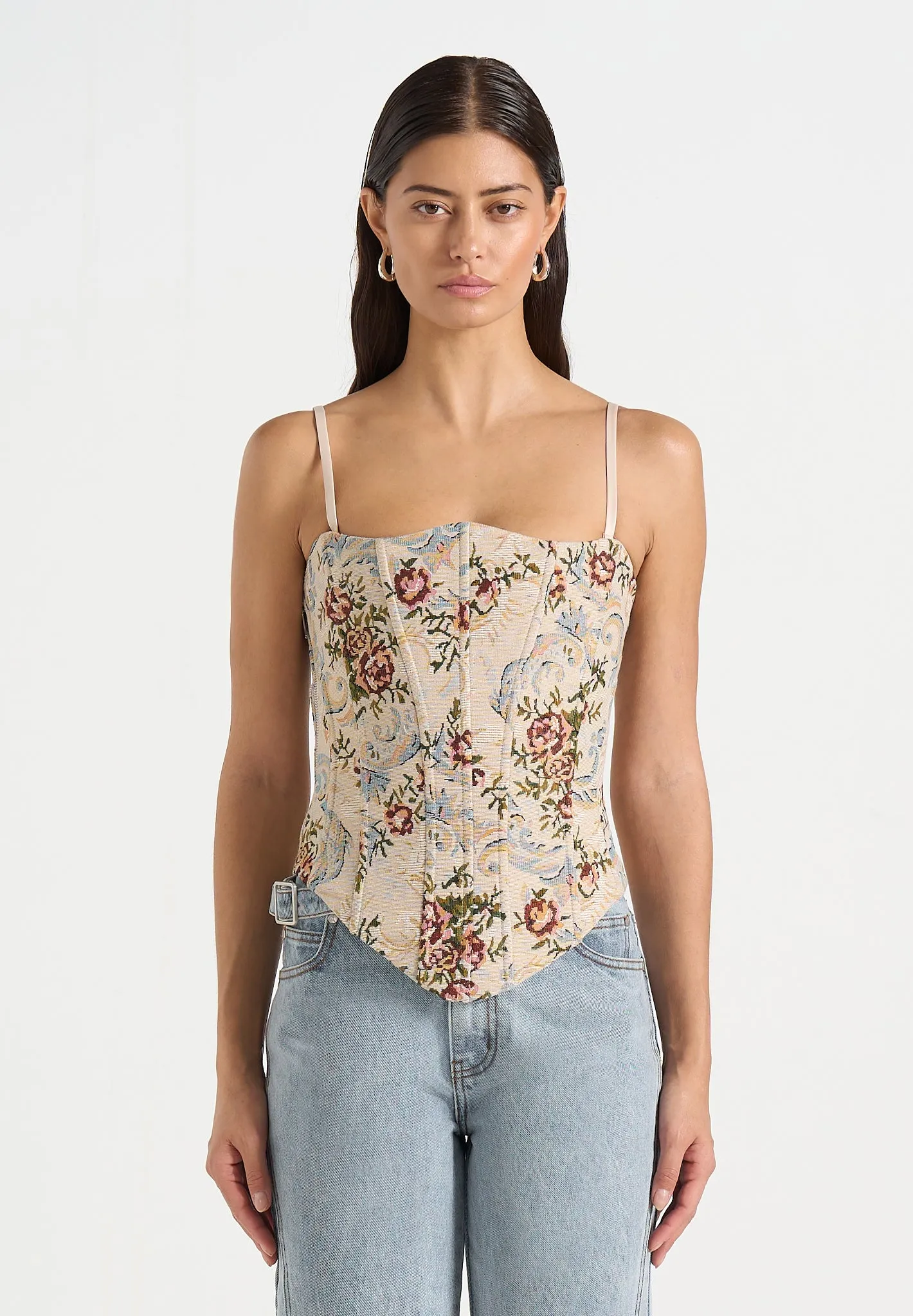 Scarlett - Tapestry Lace Up Corset - Beige sold by Maniere De Voir