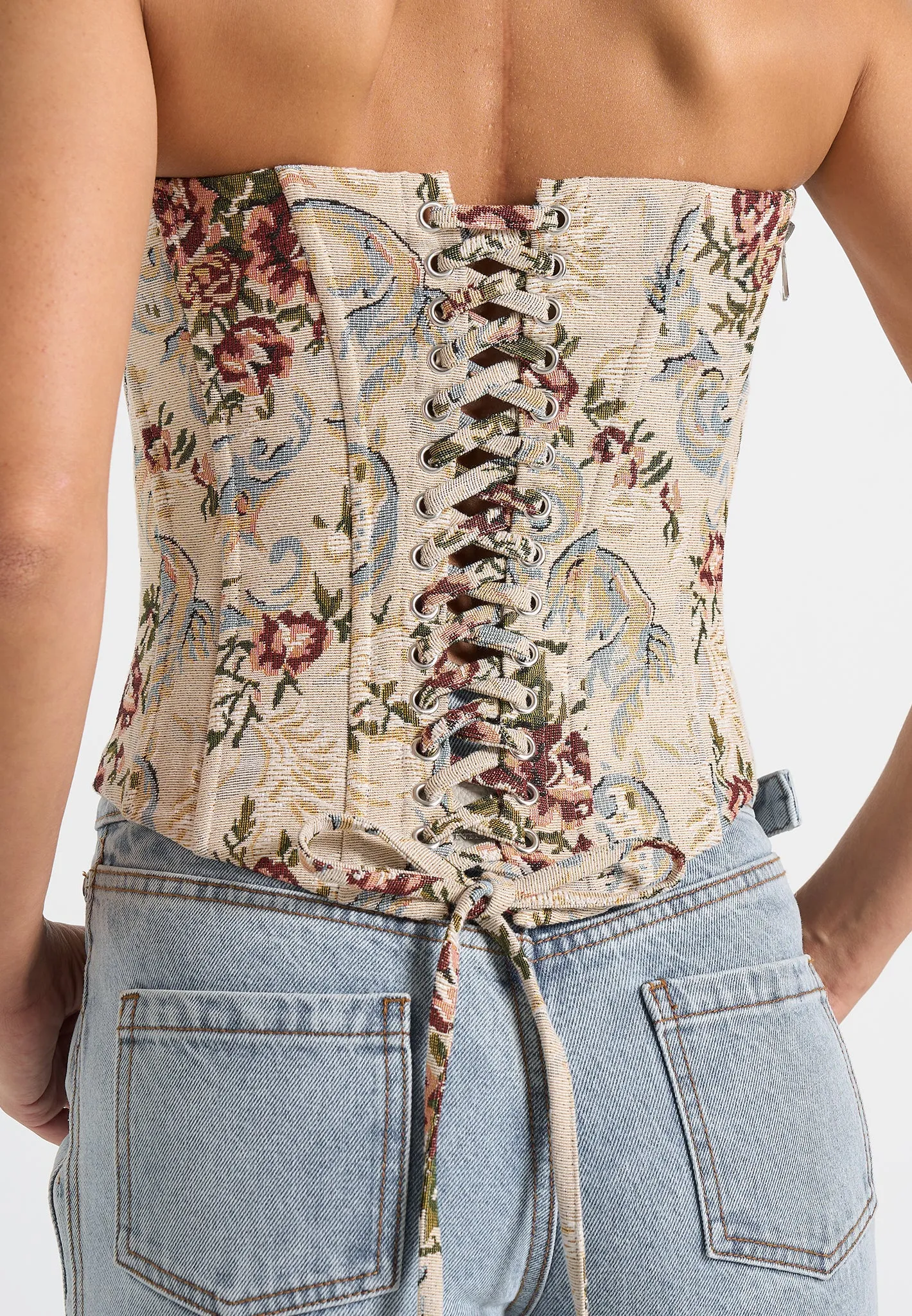 Scarlett - Tapestry Lace Up Corset - Beige sold by Maniere De Voir product image thumbnail 3