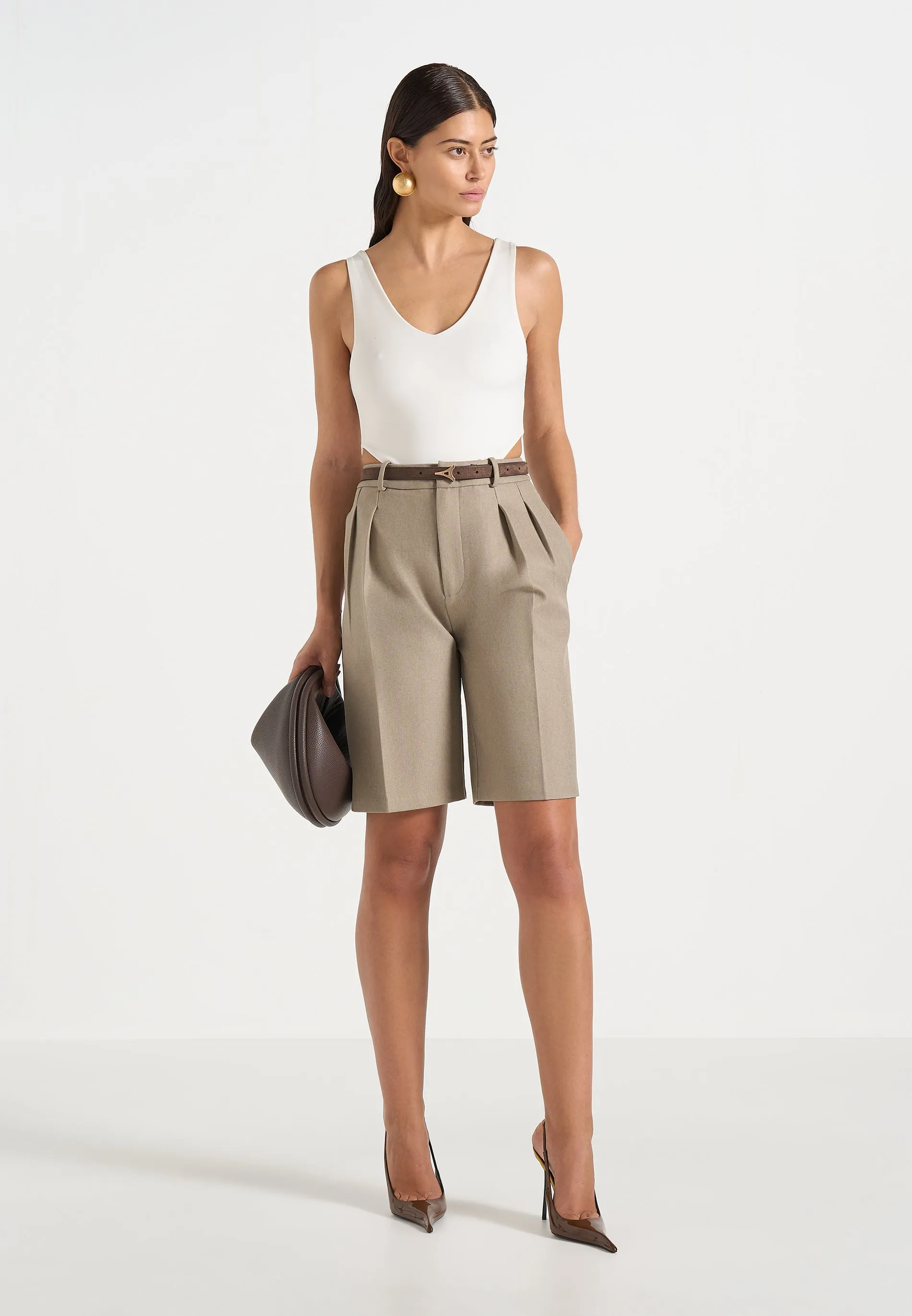Lorette - Double Pleat Tailored Shorts - Taupe sold by Maniere De Voir