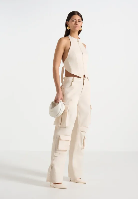 Emilie - High Waisted Twill Cargo Pants - Cream made by Maniere De Voir