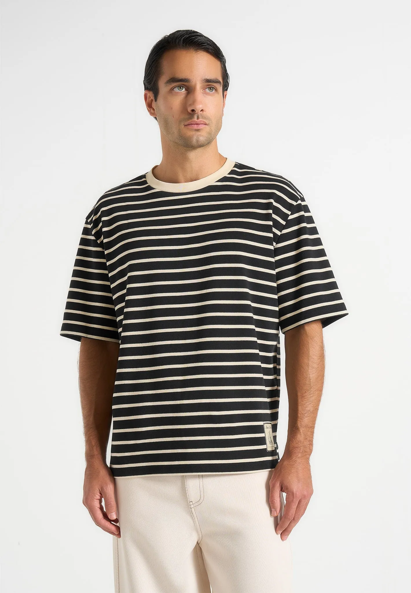 Riley - Unisex Striped Relaxed Fit Cotton T-Shirt - Black/Cream sold by Maniere De Voir product image thumbnail 4