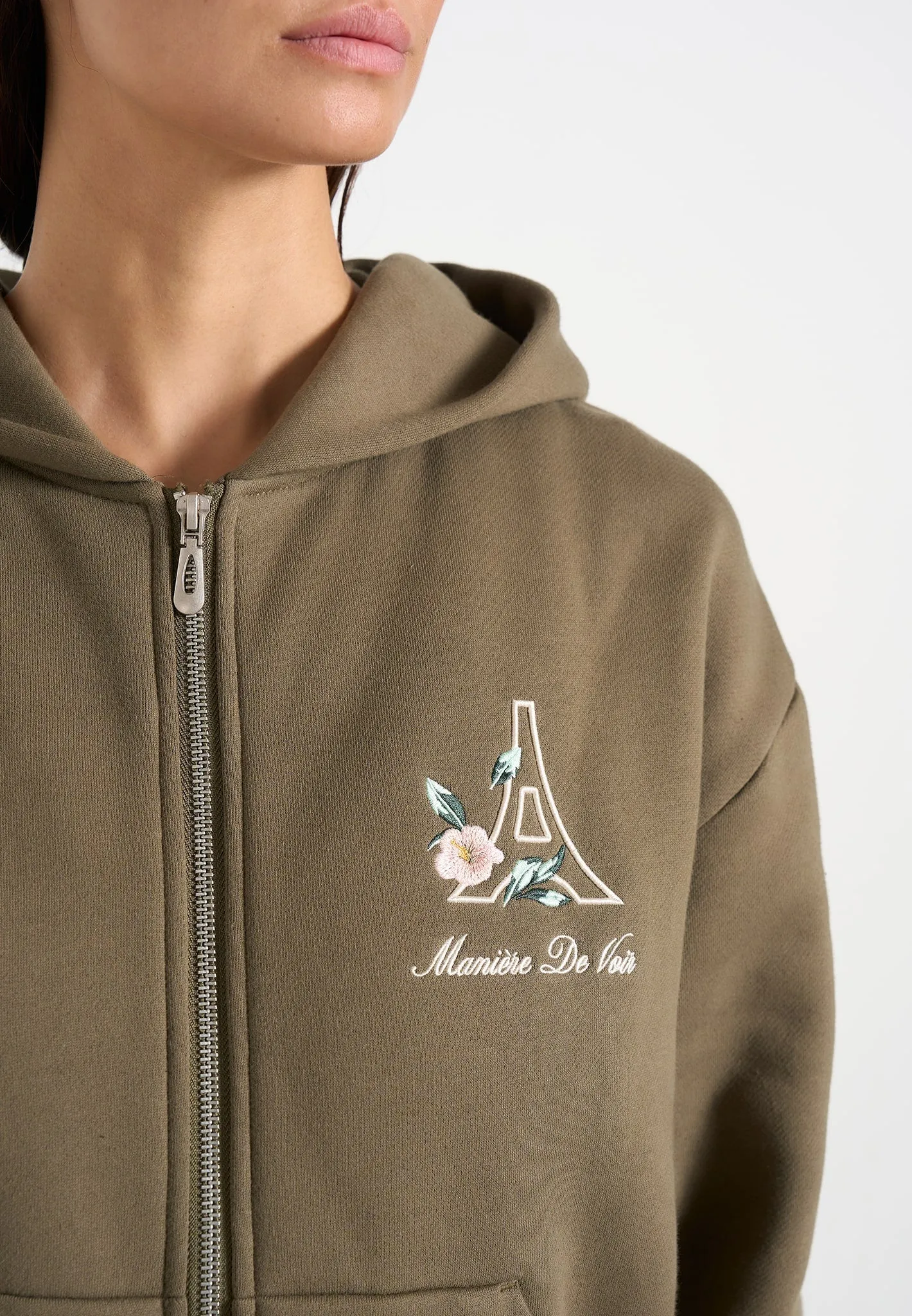 JS009 - Unisex Floral Eiffel Zip Hoodie - Olive sold by Maniere De Voir product image thumbnail 3