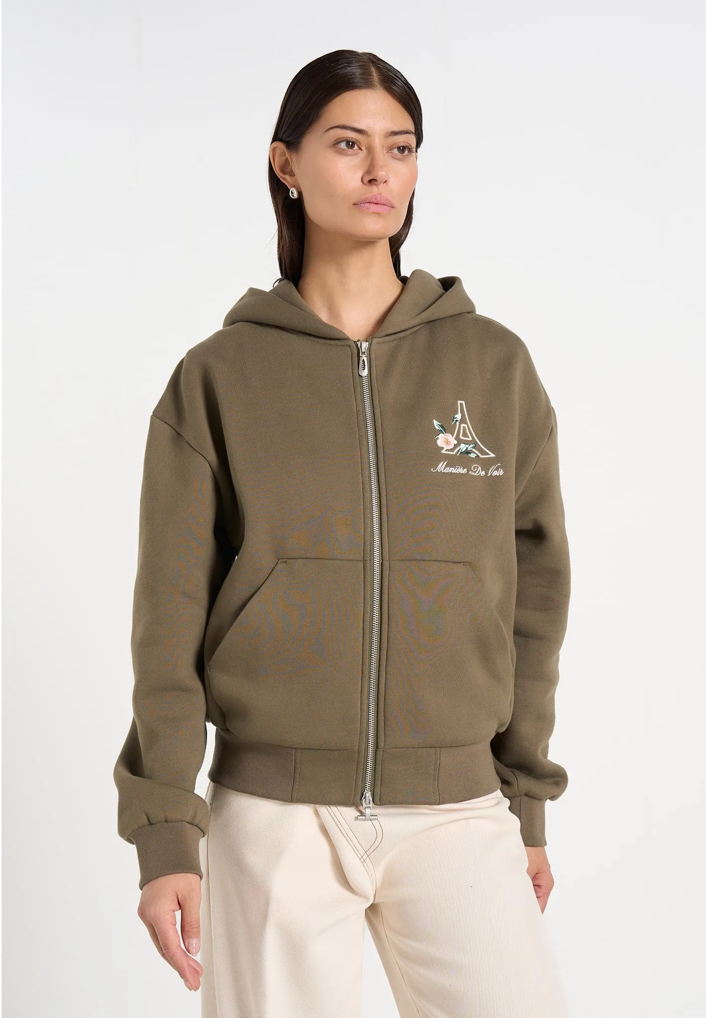 JS009 - Unisex Floral Eiffel Zip Hoodie - Olive sold by Maniere De Voir product image thumbnail 5