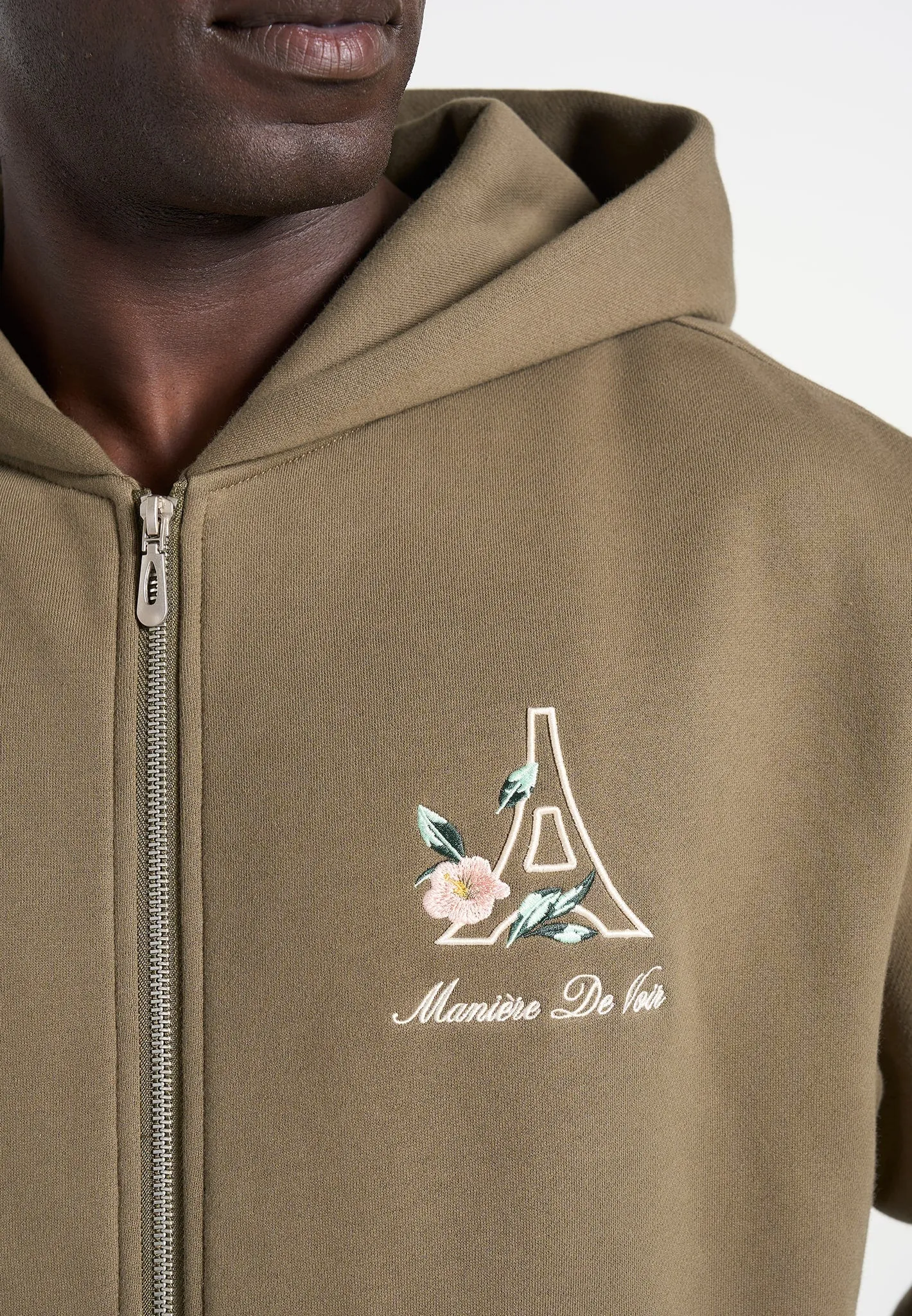 JS009 - Unisex Floral Eiffel Zip Hoodie - Olive sold by Maniere De Voir product image thumbnail 4