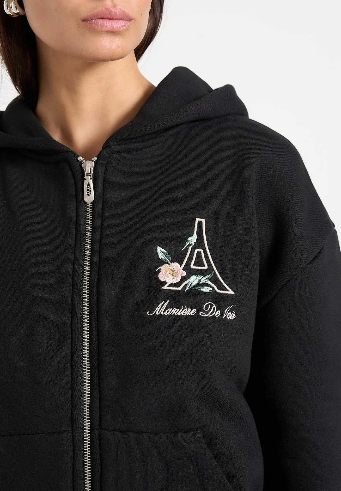 JS009 - Unisex Floral Eiffel Zip Hoodie - Black sold by Maniere De Voir product image thumbnail 3