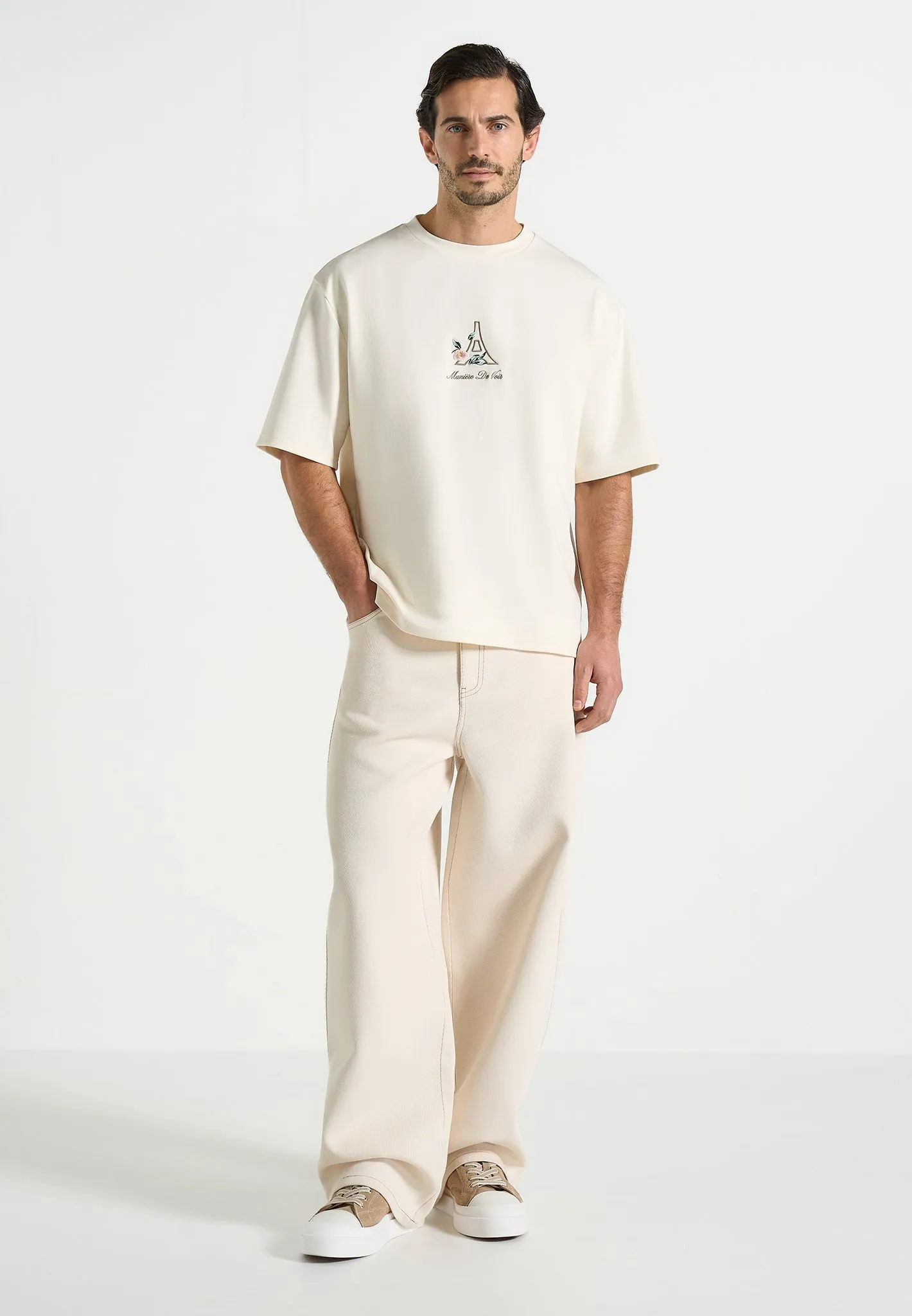TS008 - Unisex Floral Eiffel Cotton T-Shirt - Cream sold by Maniere De Voir product image thumbnail 2