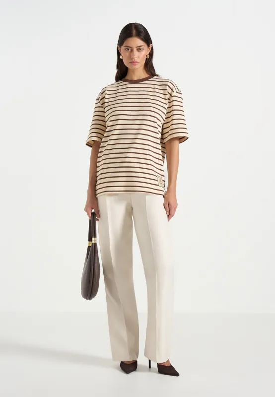 Riley - Unisex Striped Relaxed Fit Cotton T-Shirt - Cream/Brown made by Maniere De Voir