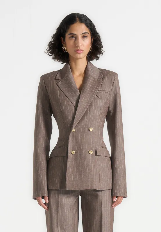 Maia - Pinstripe Double Breasted Blazer - Taupe sold by Maniere De Voir