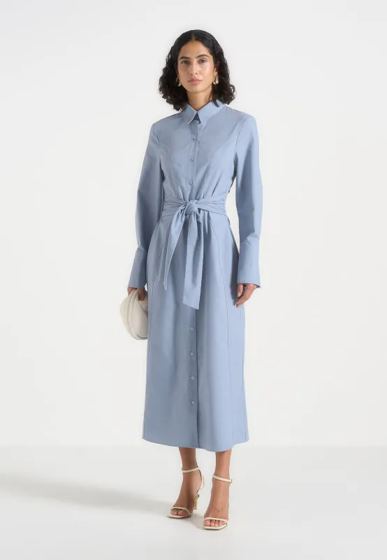 Fern - Linen Midi Shirt Dress With Tie Waist - Blue made by Maniere De Voir