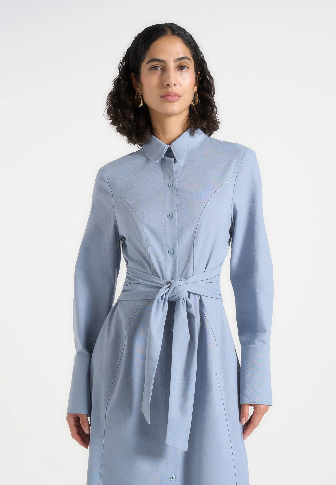Fern - Linen Midi Shirt Dress With Tie Waist - Blue sold by Maniere De Voir product image thumbnail 2