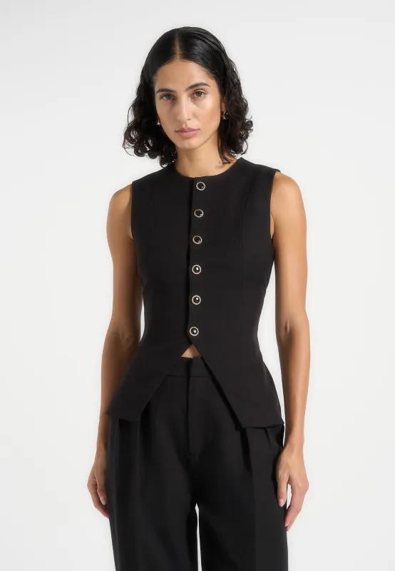 Maisie - Tailored Crew Neck Cinch Waistcoat - Black made by Maniere De Voir