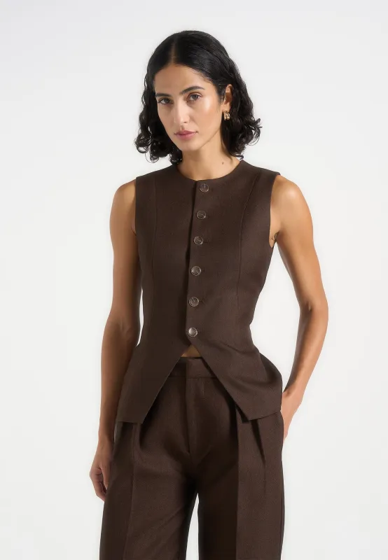 Maisie - Tailored Crew Neck Cinch Waistcoat - Brown made by Maniere De Voir