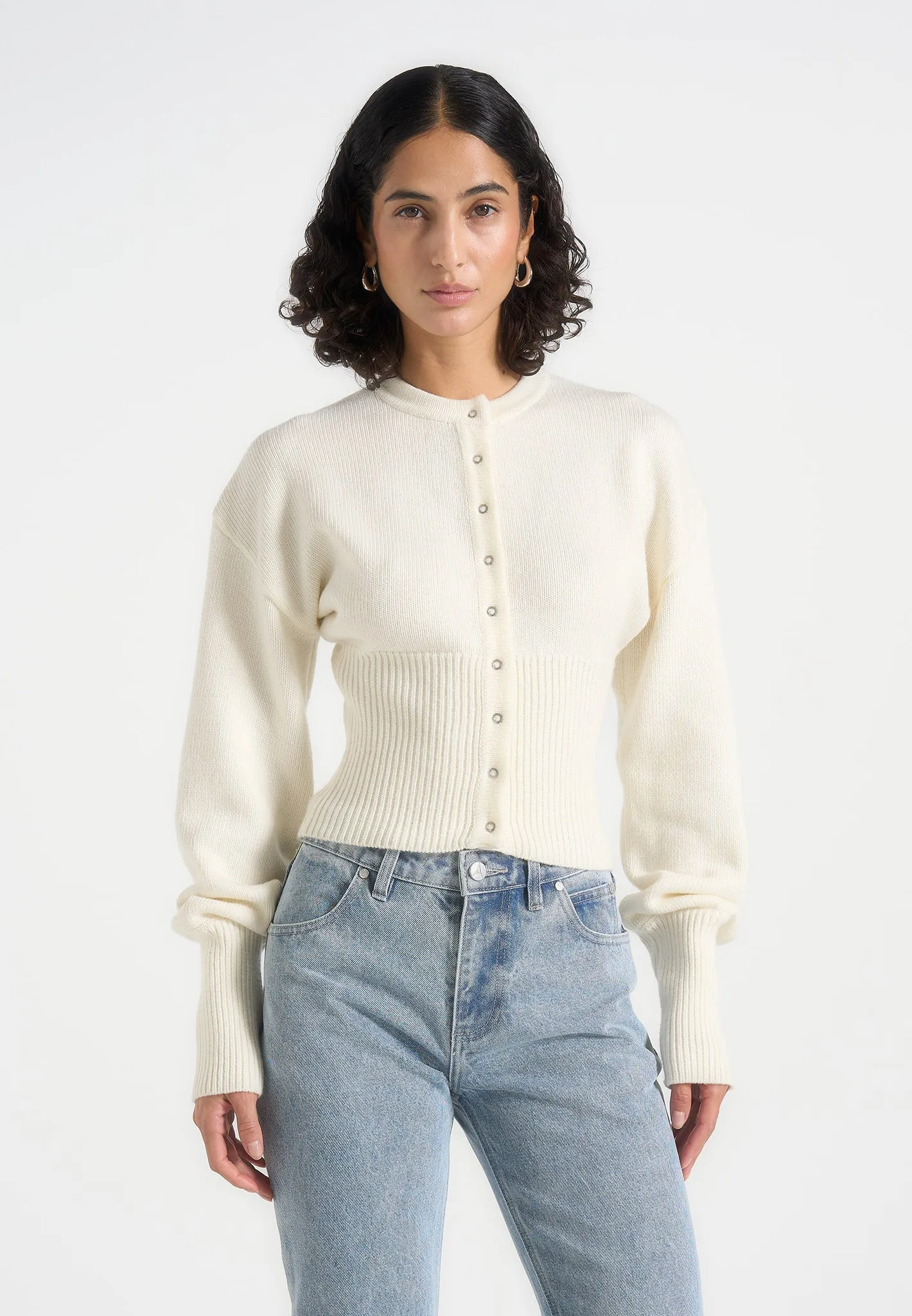 Mayla - Knitted Cinch Waist Cardigan - Cream sold by Maniere De Voir product image thumbnail 2
