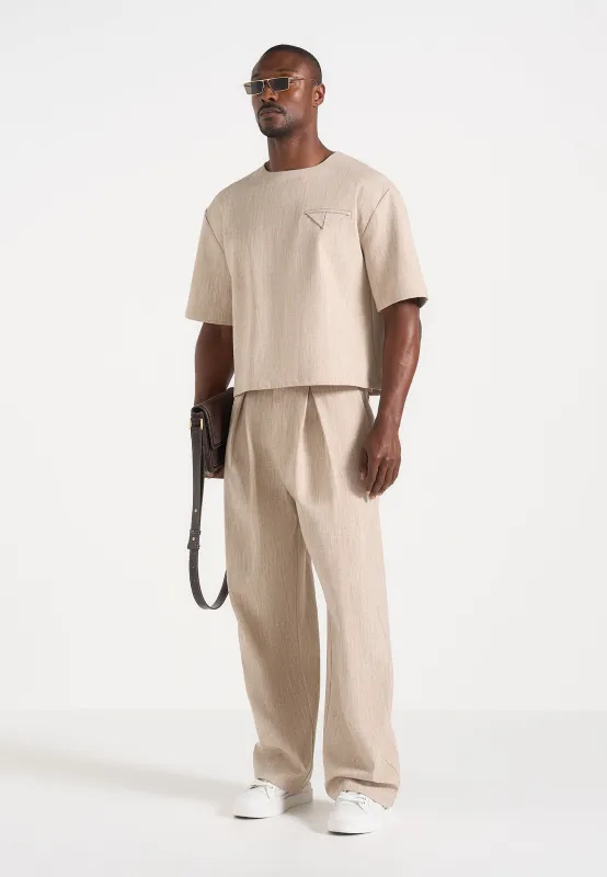 Leon - Boxy Cropped Hatched T-Shirt - Beige made by Maniere De Voir