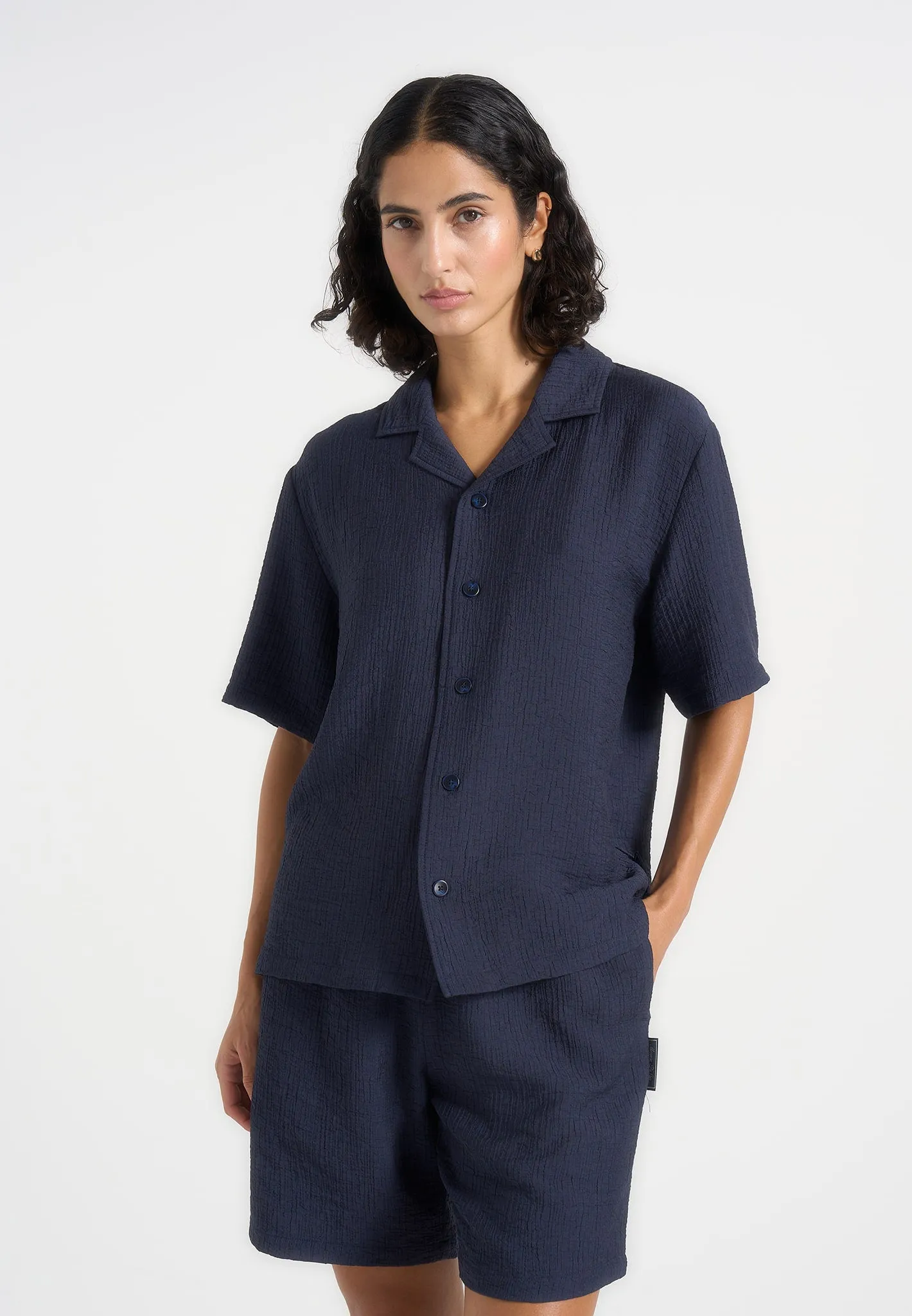 Harley - Unisex Textured Revere Shirt - Navy sold by Maniere De Voir