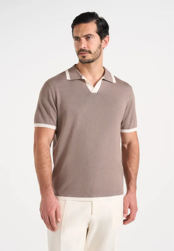 Lambert - Contrast Detail Knit Polo Shirt - Mushroom made by Maniere De Voir